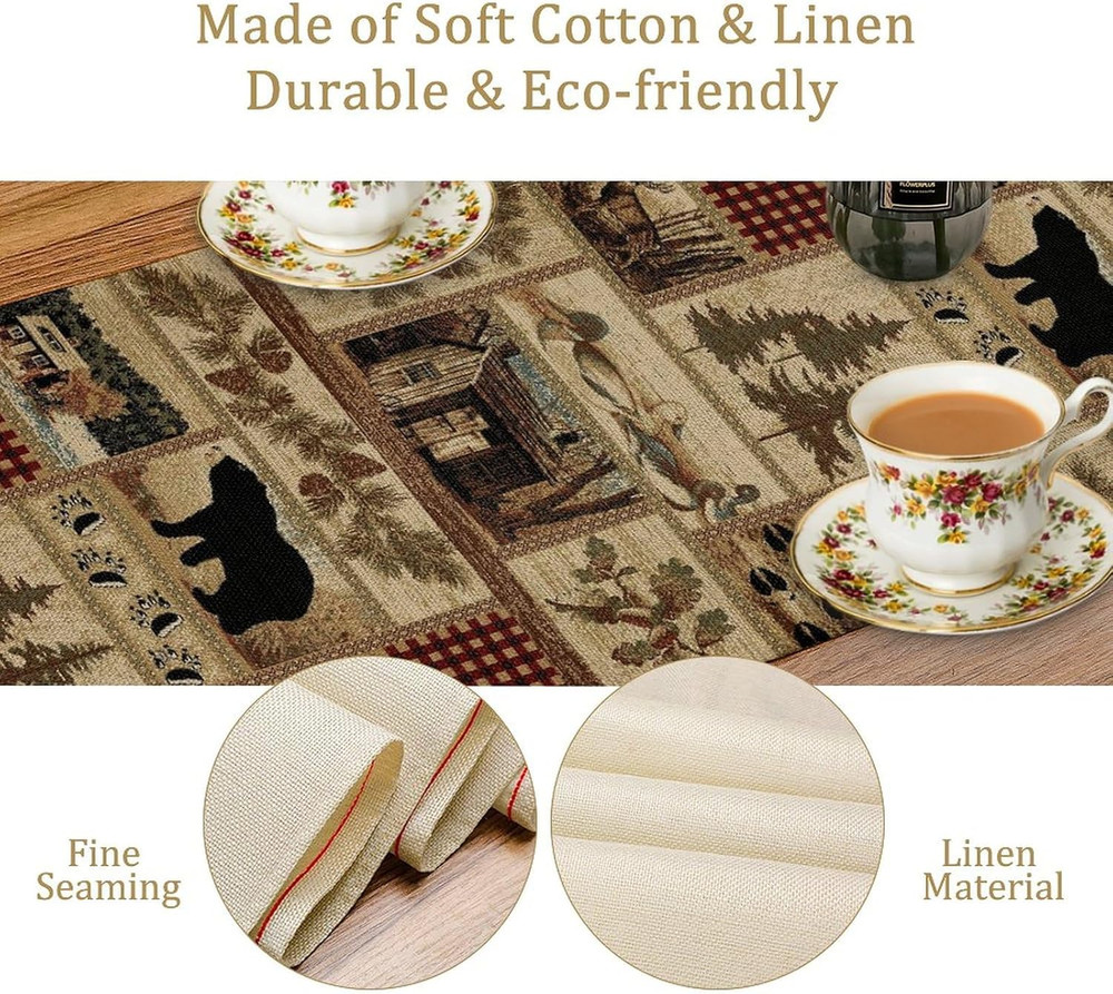 Rustic Country Bear Table Runner,Patchwork Cabin Wild Animals Hunting Table Clot