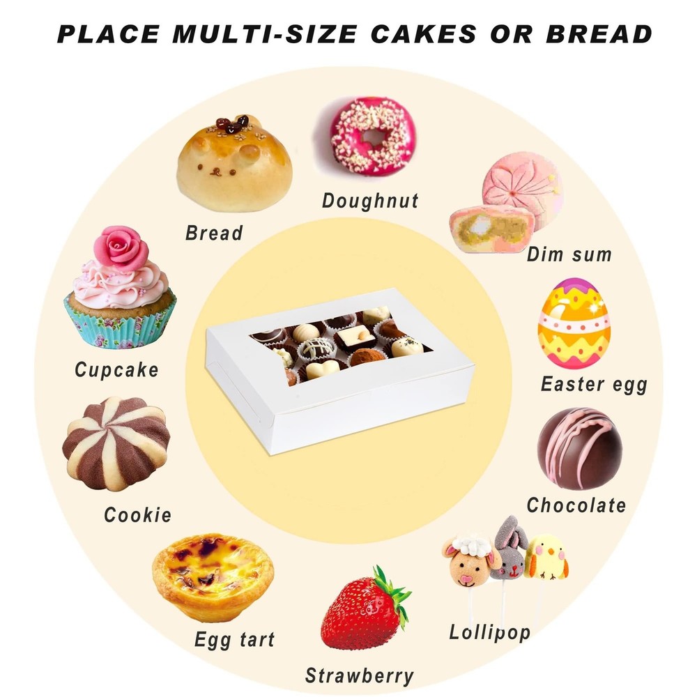 Yeplan 10-Pack Bakery Boxes with Window, 12x8x2.5 Inch Cookie Boxes, White Tr...