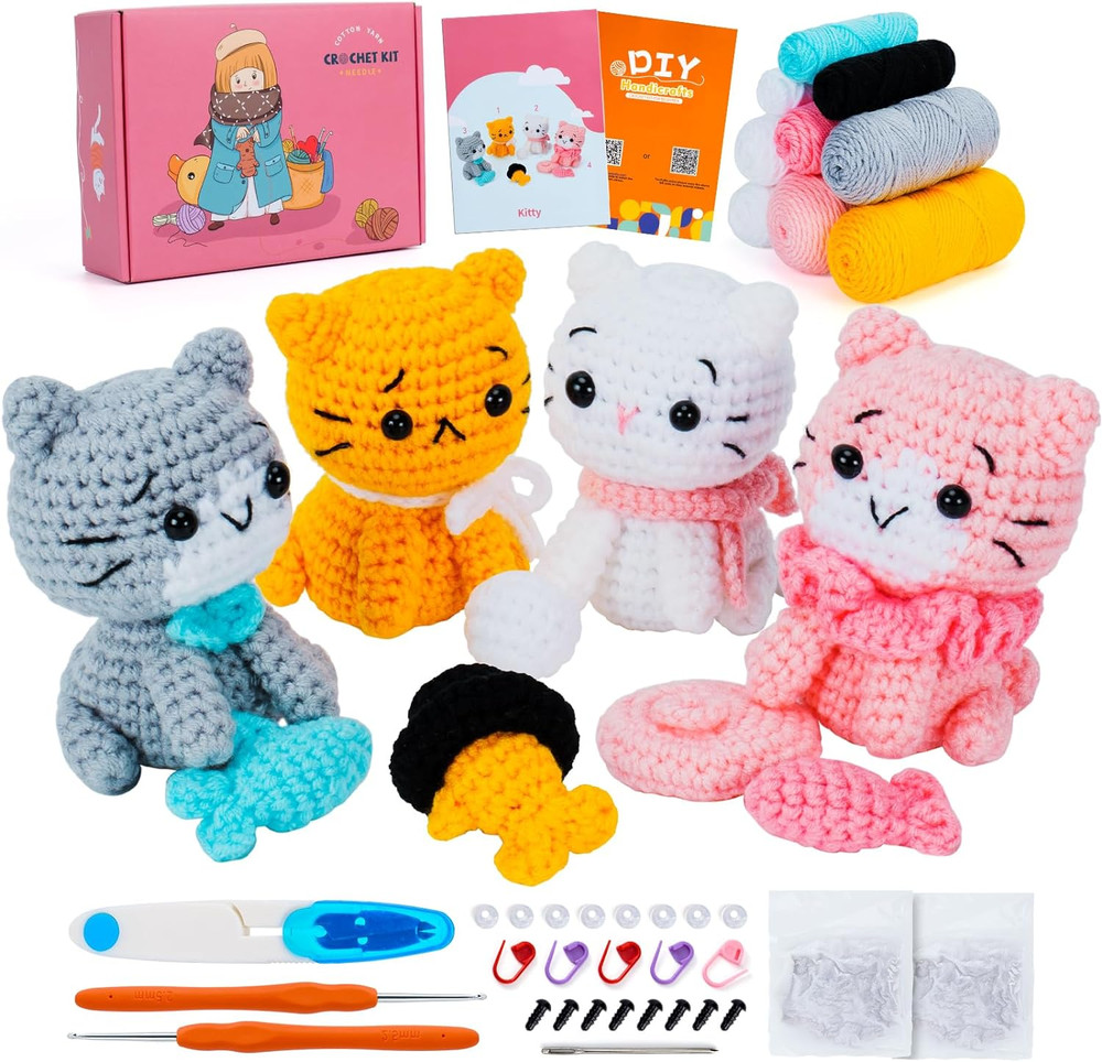 Crochet Kit for Beginners - Cat Crochet Kit with Step-By-Step Video Tutorials, L