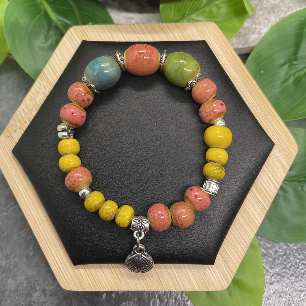 Handmade Ceramic Bead Beaded Stackable 6” Plus Stretch Bracelet New B14