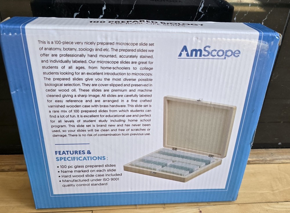 AmScope PS100B 100 Homeschool For Basic Biology Prepared Microscope Slides -Set