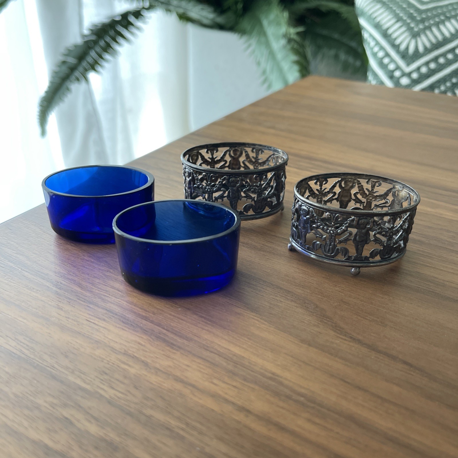 Cobalt & Silver Salt Cellars Or Dips Antique Set of 2