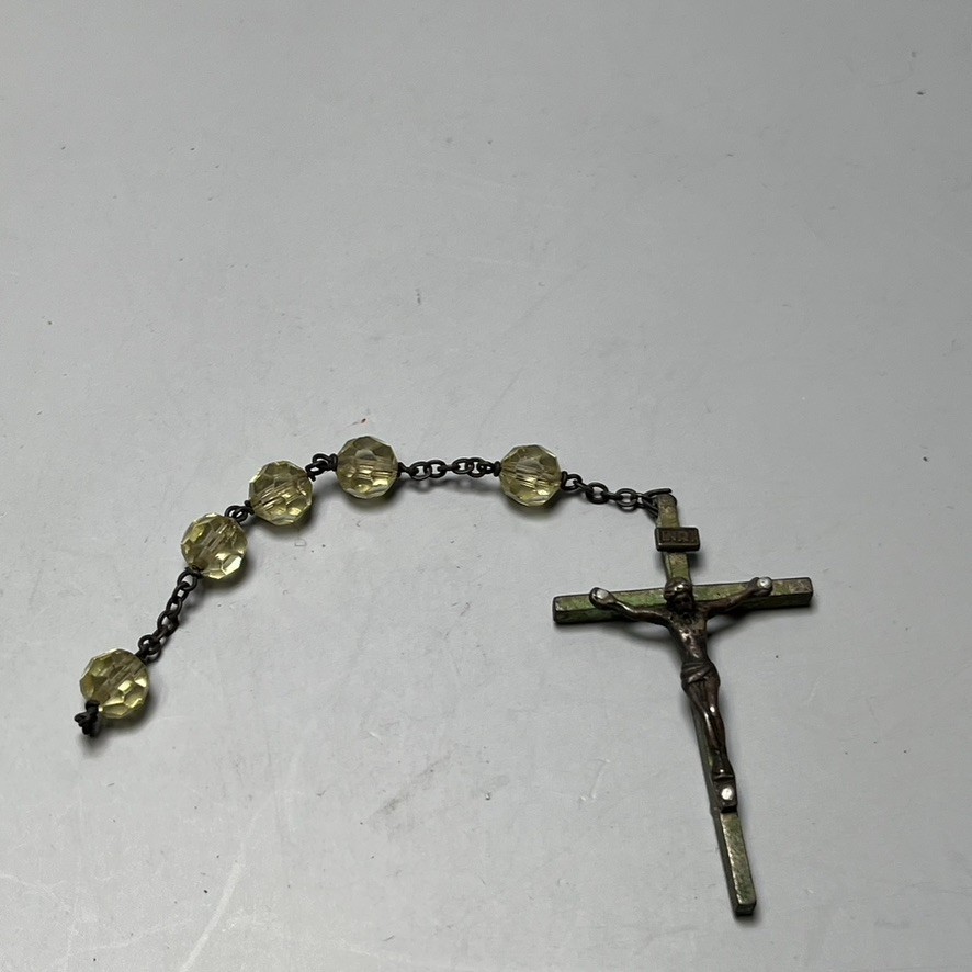 Vintage Silver Tone Cross Rosary Necklace PARTIAL Clear Faceted Beads