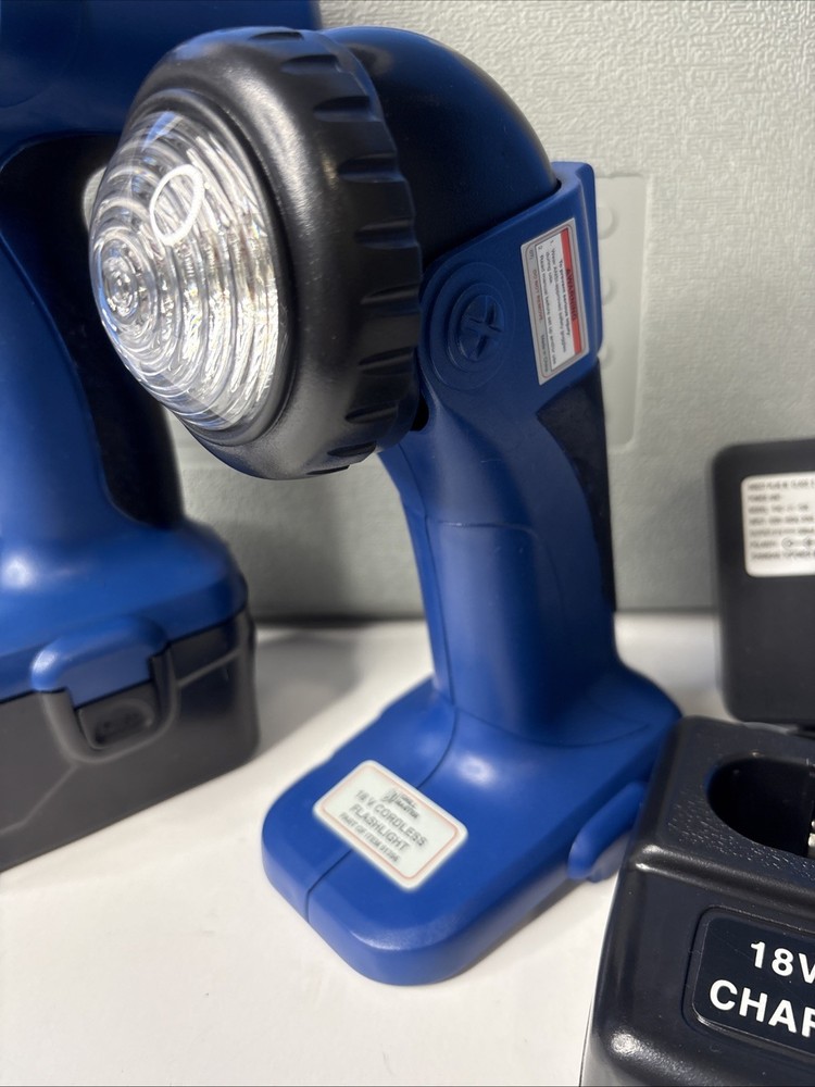 Drill Master 18V Cordless Drill & Flashlight Set w/Battery, Charger, Bits, Case