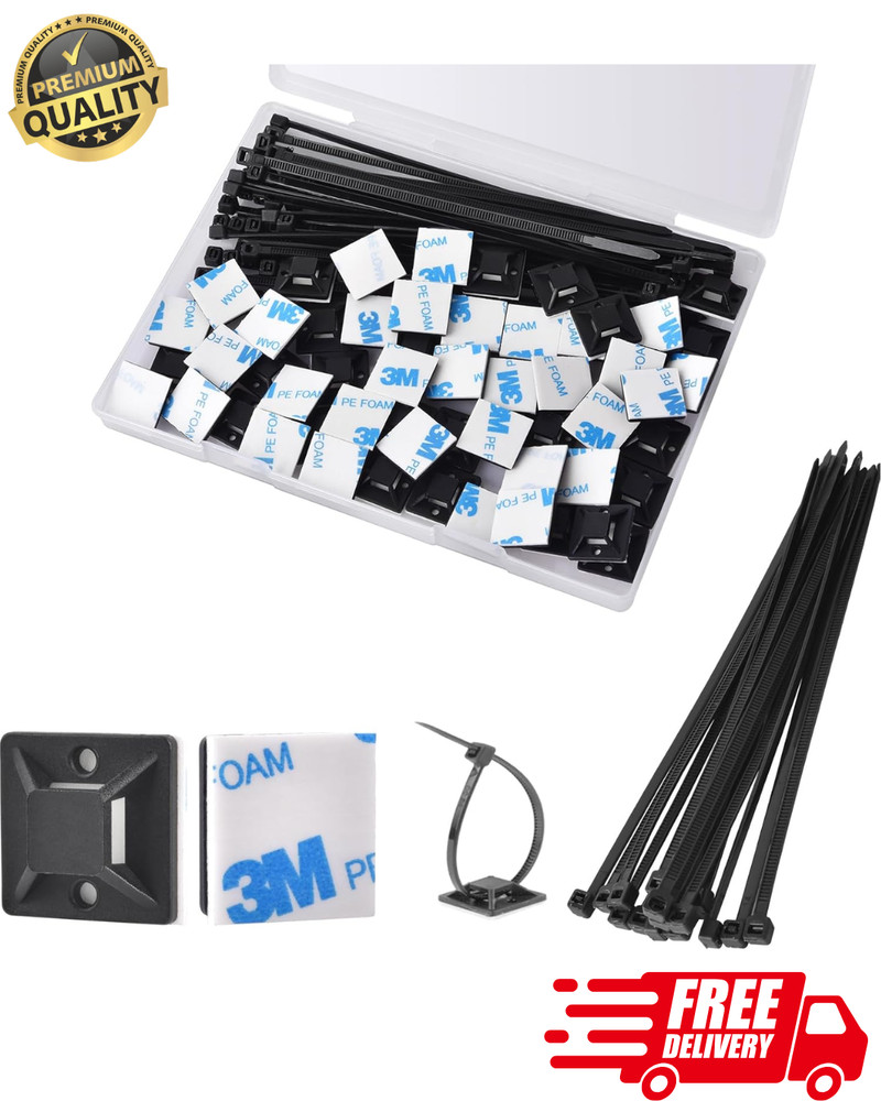 Self Adhesive Cable Zip Tie Mount Kit 100 Set Strong Glue Wire Organizer Clip