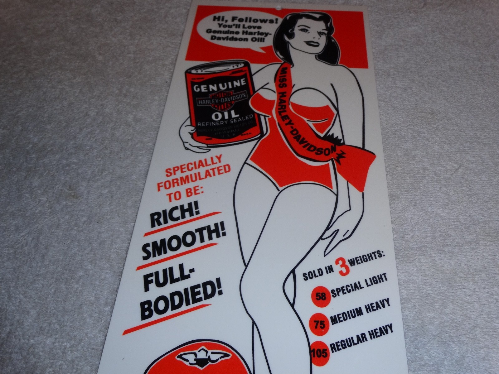VINTAGE HARLEY DAVIDSON MOTORCYCLES WOMAN W/ LG OIL CANS 15" METAL GASOLINE SIGN