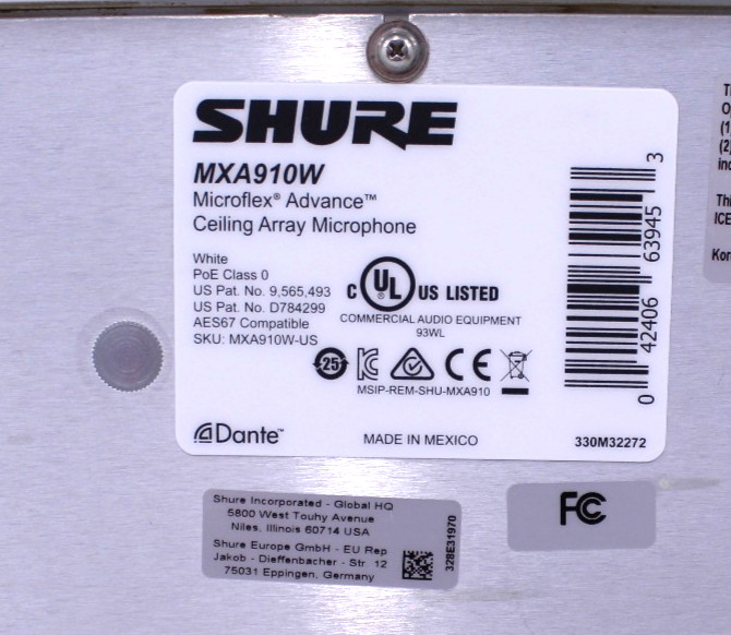 Shure Ceiling Array 24" White Square Microphone MXA910W - Tested / Updated