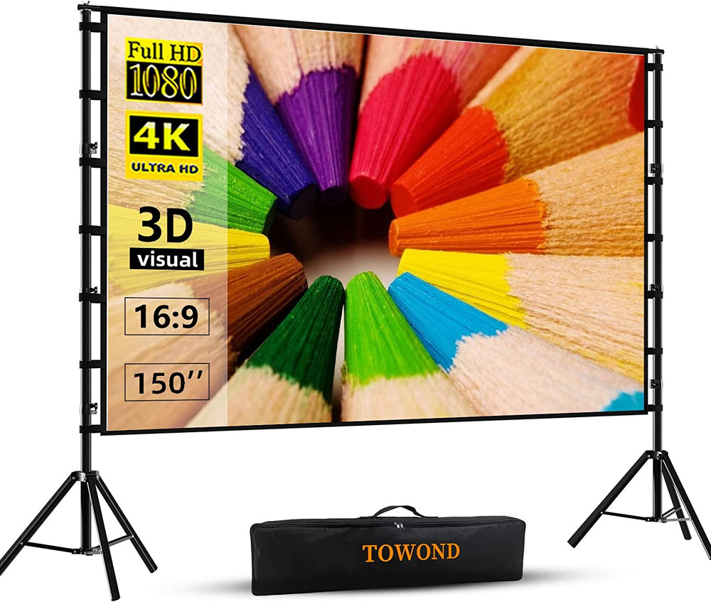 150" Portable Projector Screen with Stand - 4K HD, Foldable, Wrinkle-Free