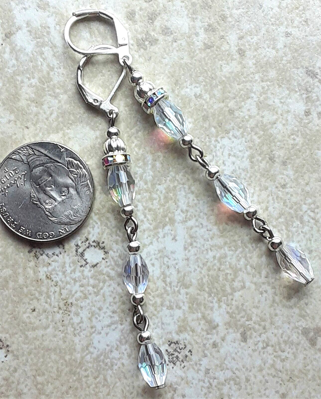 faceted CLEAR CRYSTAL & AB RING dangle earring SP LEVER BACK handcrafted XCBA