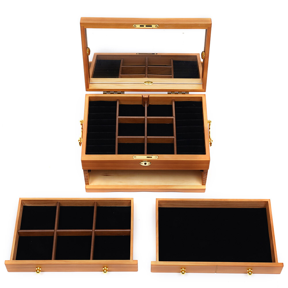 3 Layers Jewelry Storage Box+Mirror+Lock Multi-function Jewelry Box Gift Present
