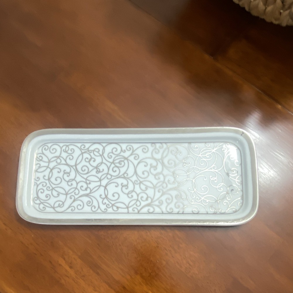 SPAL Plaza Porcelain Rectangular Tray White Silver Scrollwork 13 in Portugal