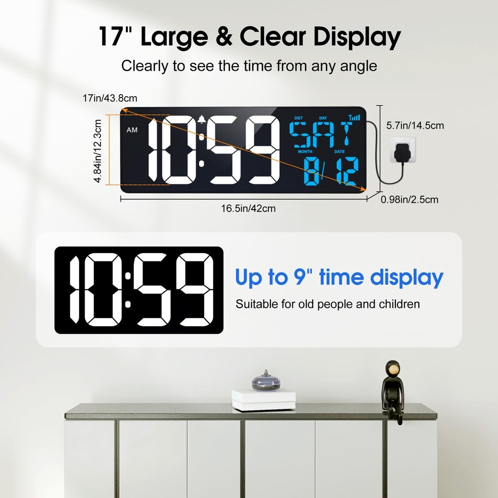 17-in Digital Wall Clock, Bluetooth Sync, Auto-Dimming, Remote, Date, Temp