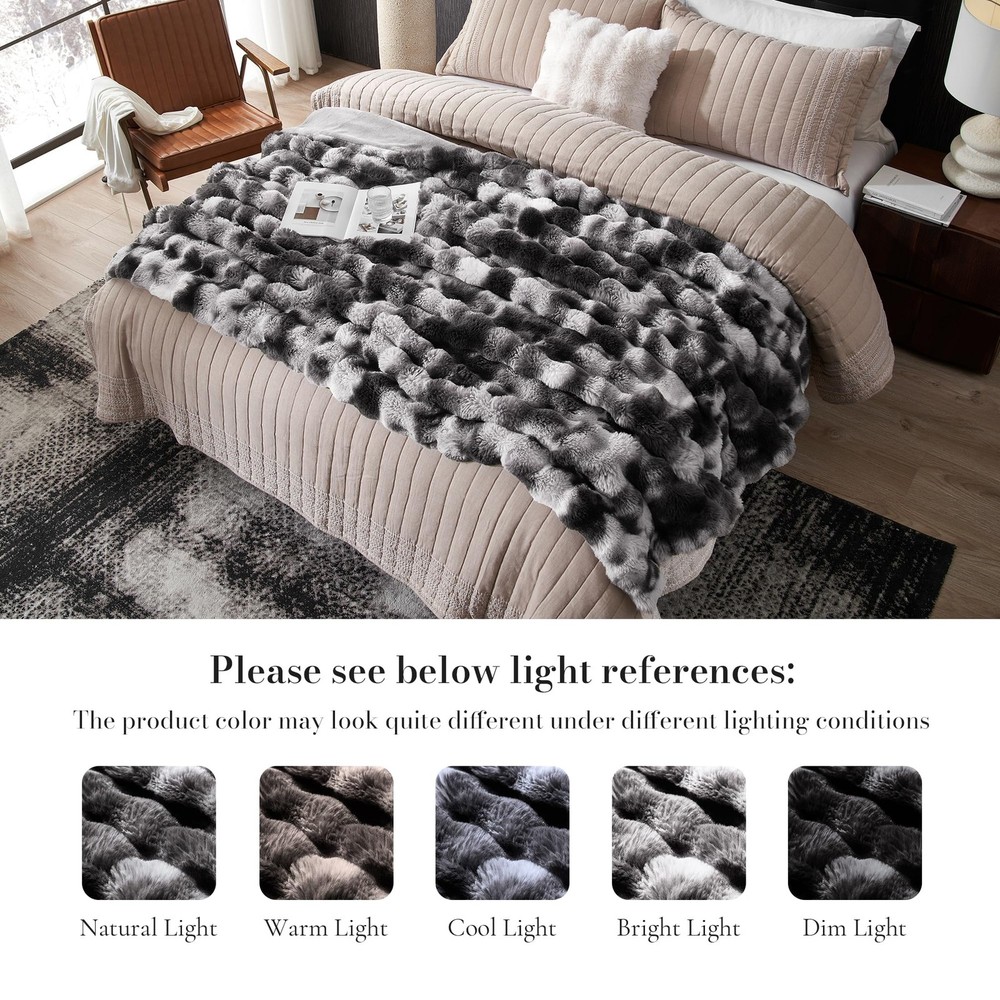 Faux Fur Throw Blanket for Couch, Ultra Soft Fuzzy Plush Bubble Throw for Sof...