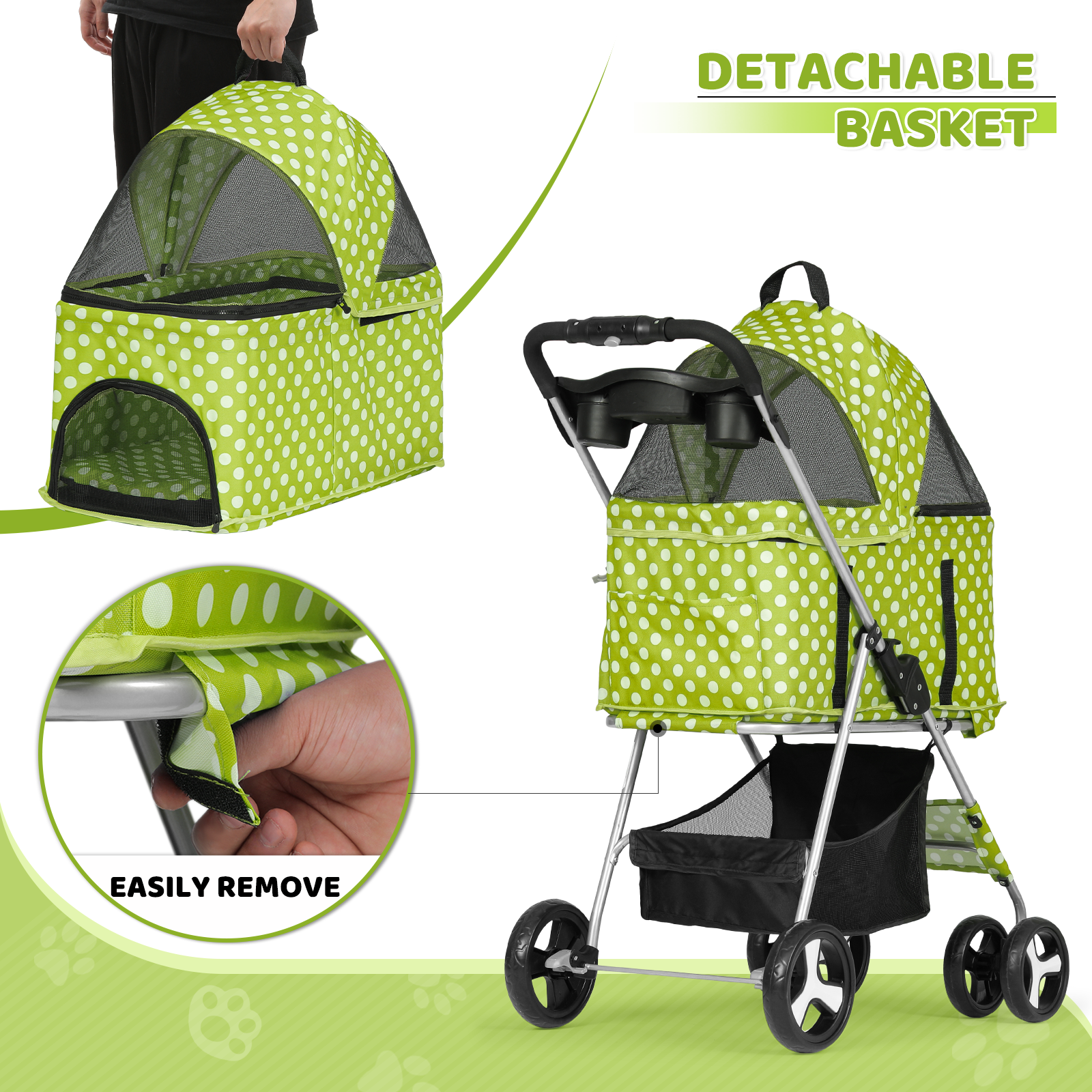 Foldable Pet Stroller Dog Stroller Removable Travel Carrier+Cup Holder 4 Wheels