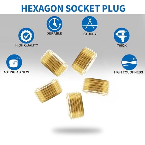 1/4" NPT Male Plug, Brass Internal Hex Thread Pipe Plug, Hex Countersunk Head