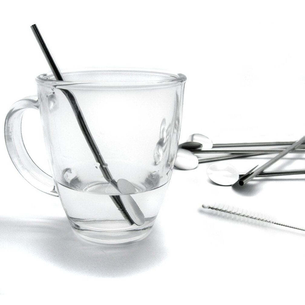 Fine Stainless Steel Reusable Spoon Drink Straw Set Long Spoons / Stirrer