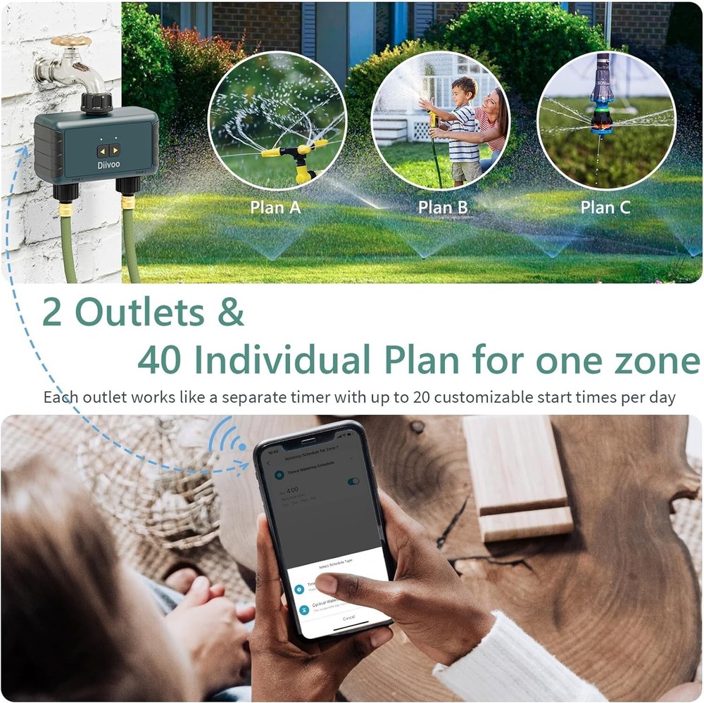 Smart Water WiFi Sprinkler Timer 2 Zone Wireless Remote Control Irrigation Syst