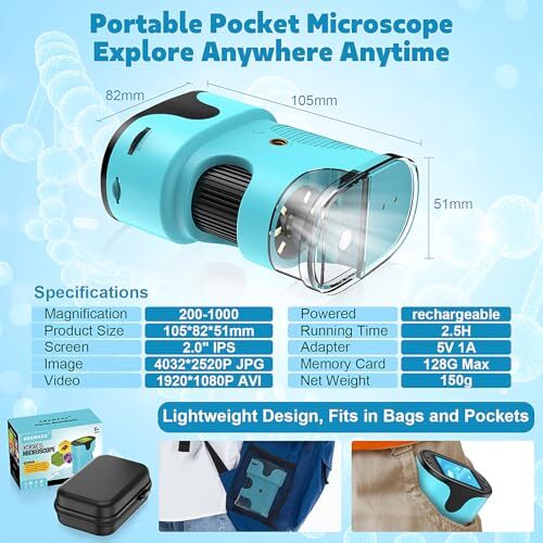 1000X Pocket Microscope for Kids - 4K 2.0" Screen, Digital Mini Scope with