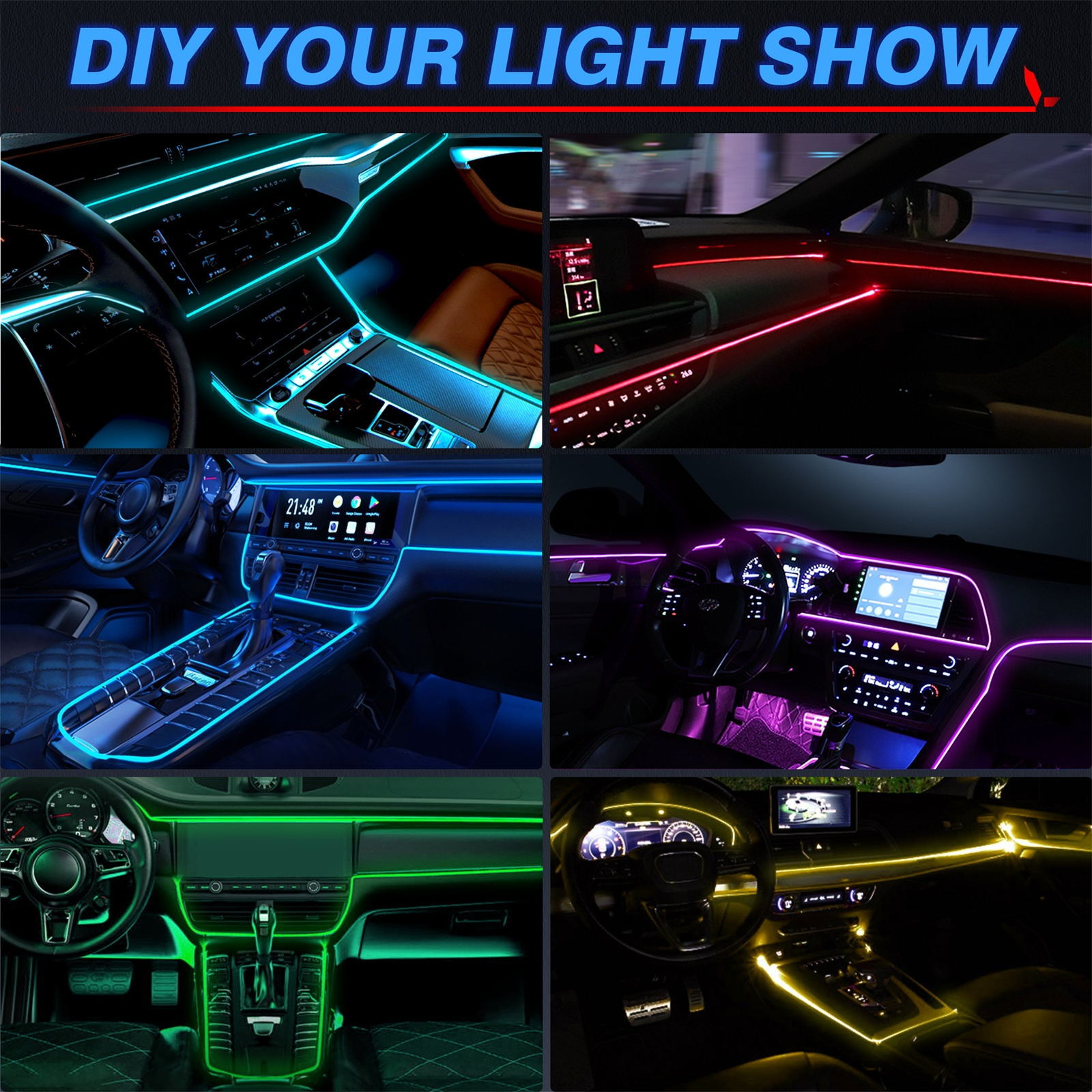 RGB 10-in-1 Interior Car LED Strip Light Neon Ambient Light Kit Fiber Optic Tube