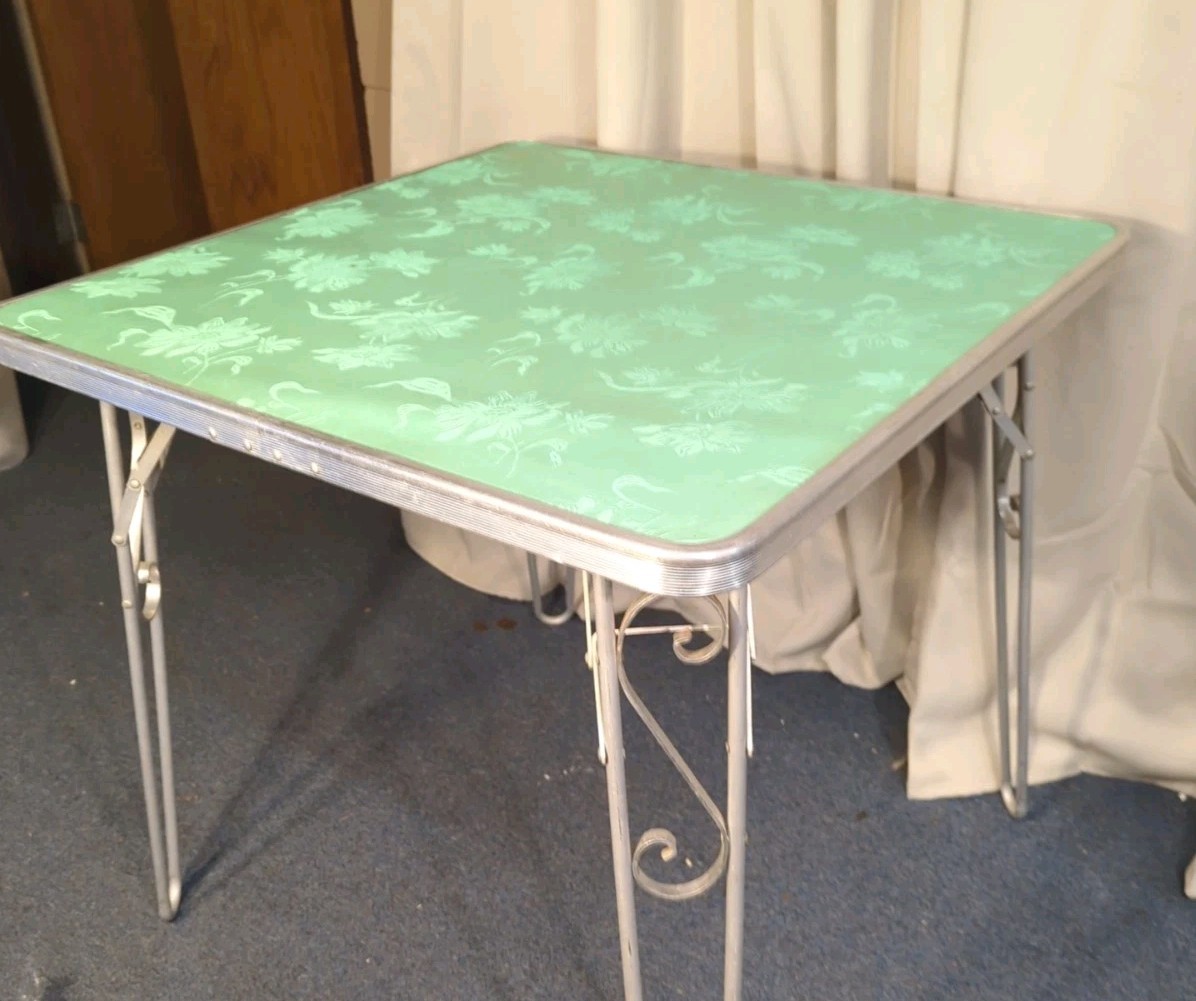 Vtg Retro Card Table Aluminum Green Portable 60s Scroll Legs MCM Mid Century