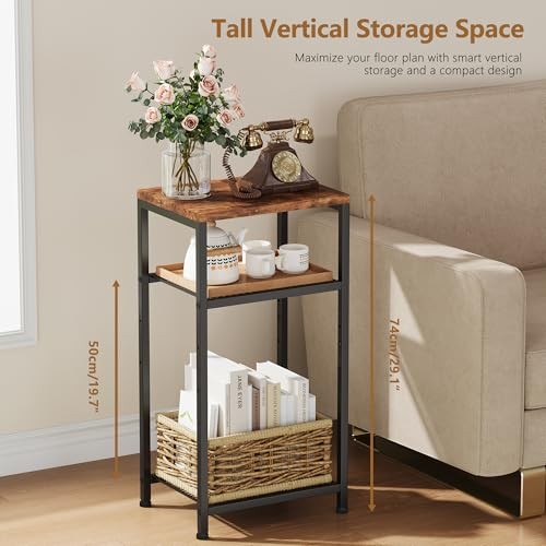 Small Side Table Set of Tall End Table with Adjustable Shelf, 2 Rustic Brown