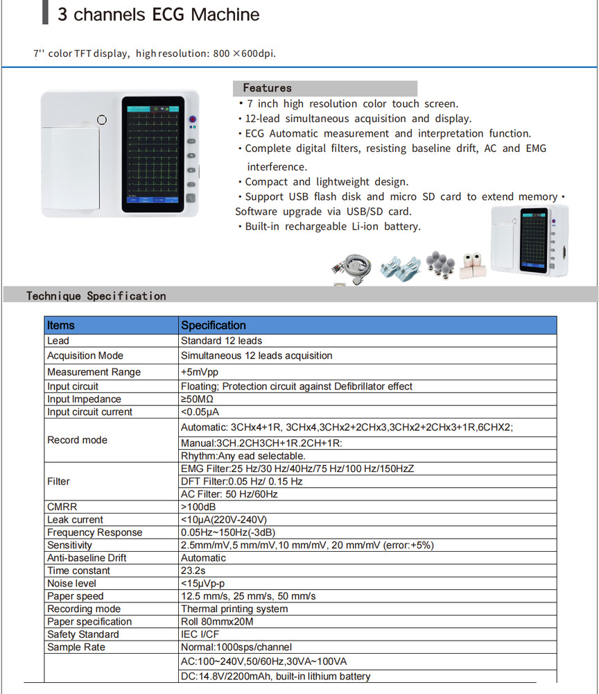 7 inch Touch Screen Digital 3 Channel 12 Leads ECG/EKG Machine with PC software