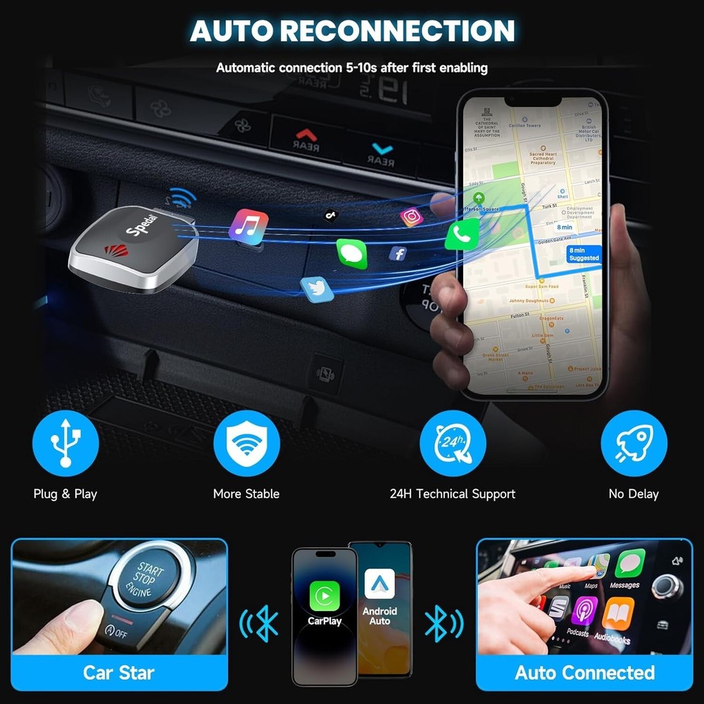 Mini Wireless CarPlay & Android Auto Adapter , 2-in-1 Plug & Play Dongle