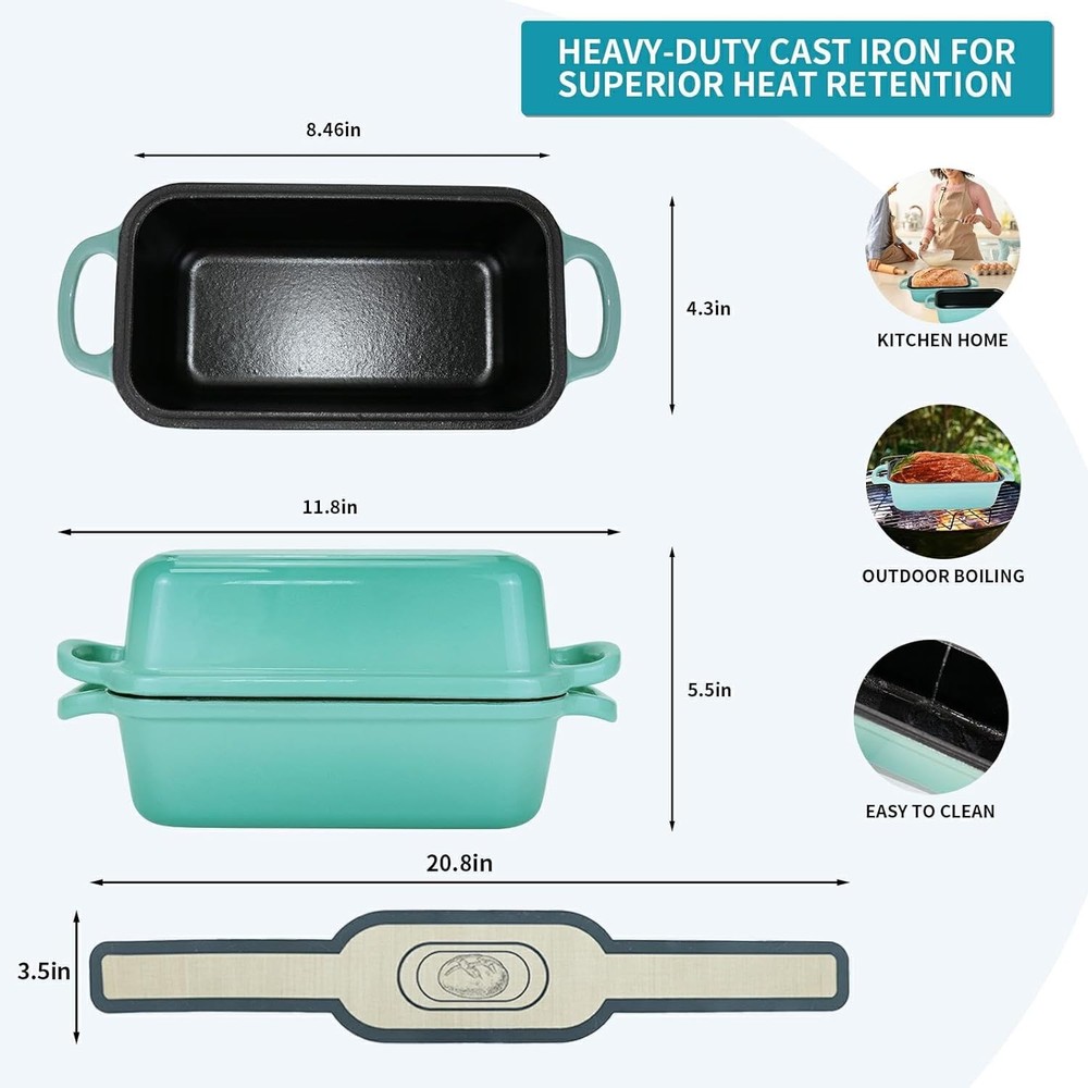 Cast Iron Bread Pan W/ Lid 2-in-1 Dual Set Includes 2 Bread Mats Bread Baking