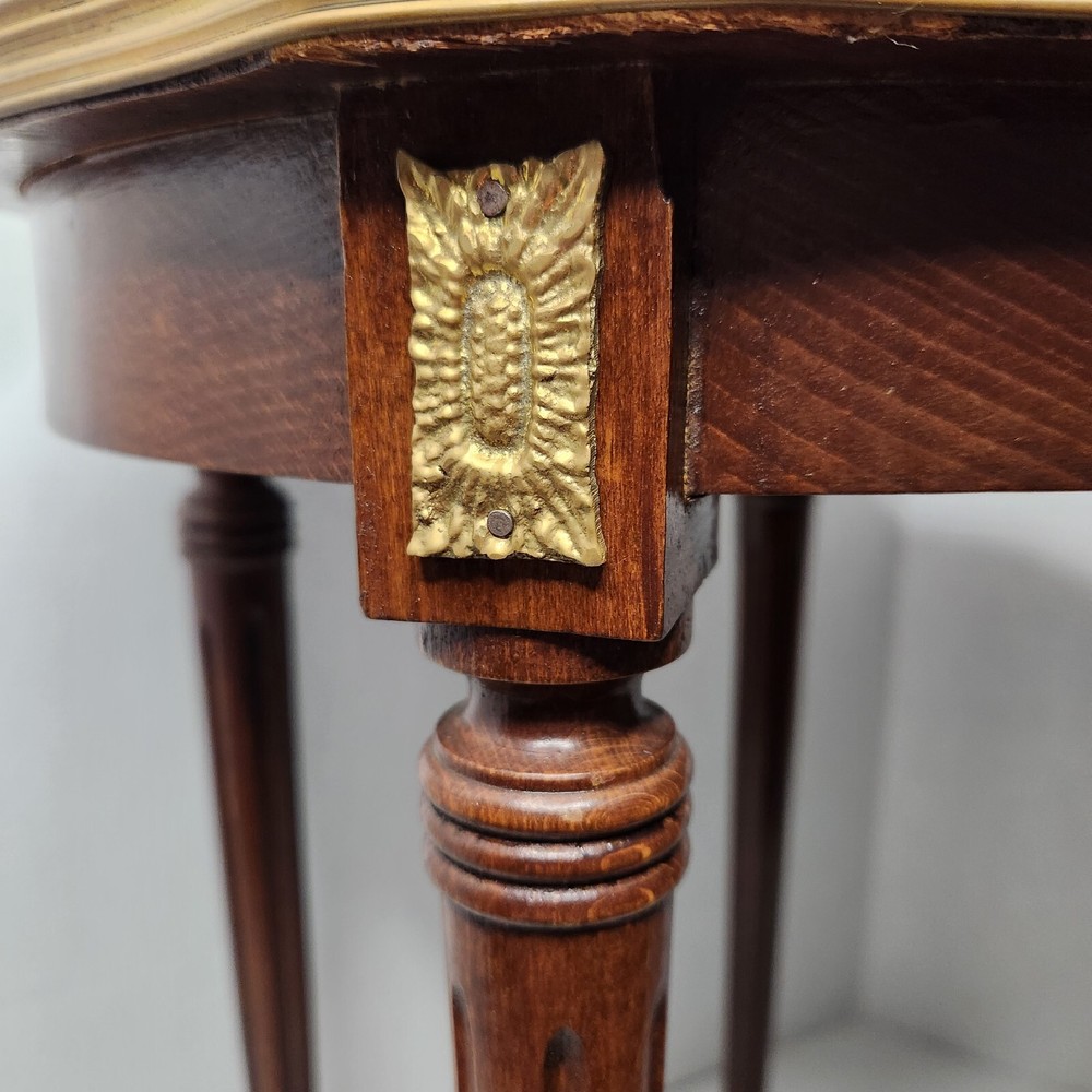 French Side Table W/ Handpainted Ebonized Top Metal Edging Ormolu Accent Antique
