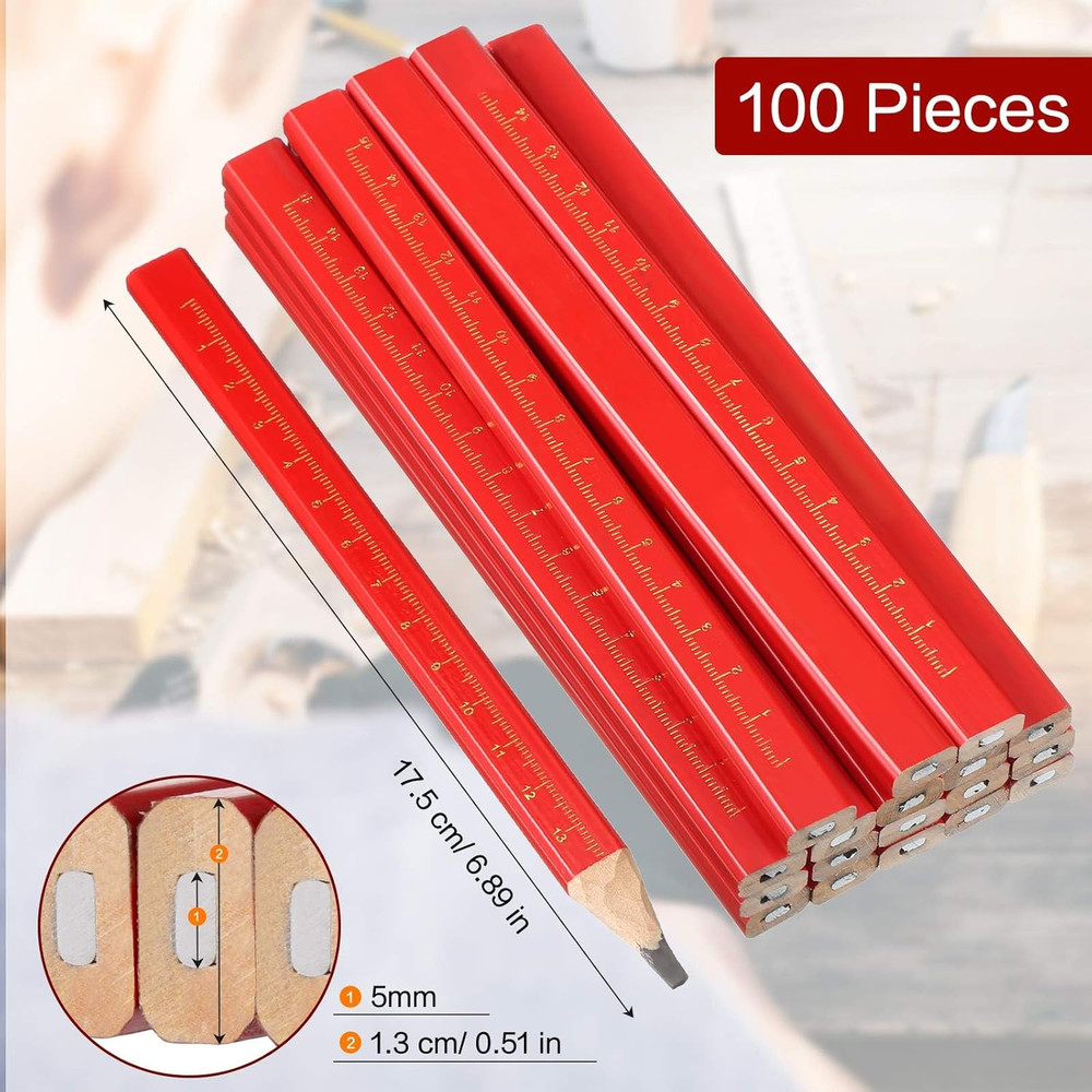 100 Pieces Carpenter Pencils Bulk Octagonal Red Hard Black Carpenter Constructio