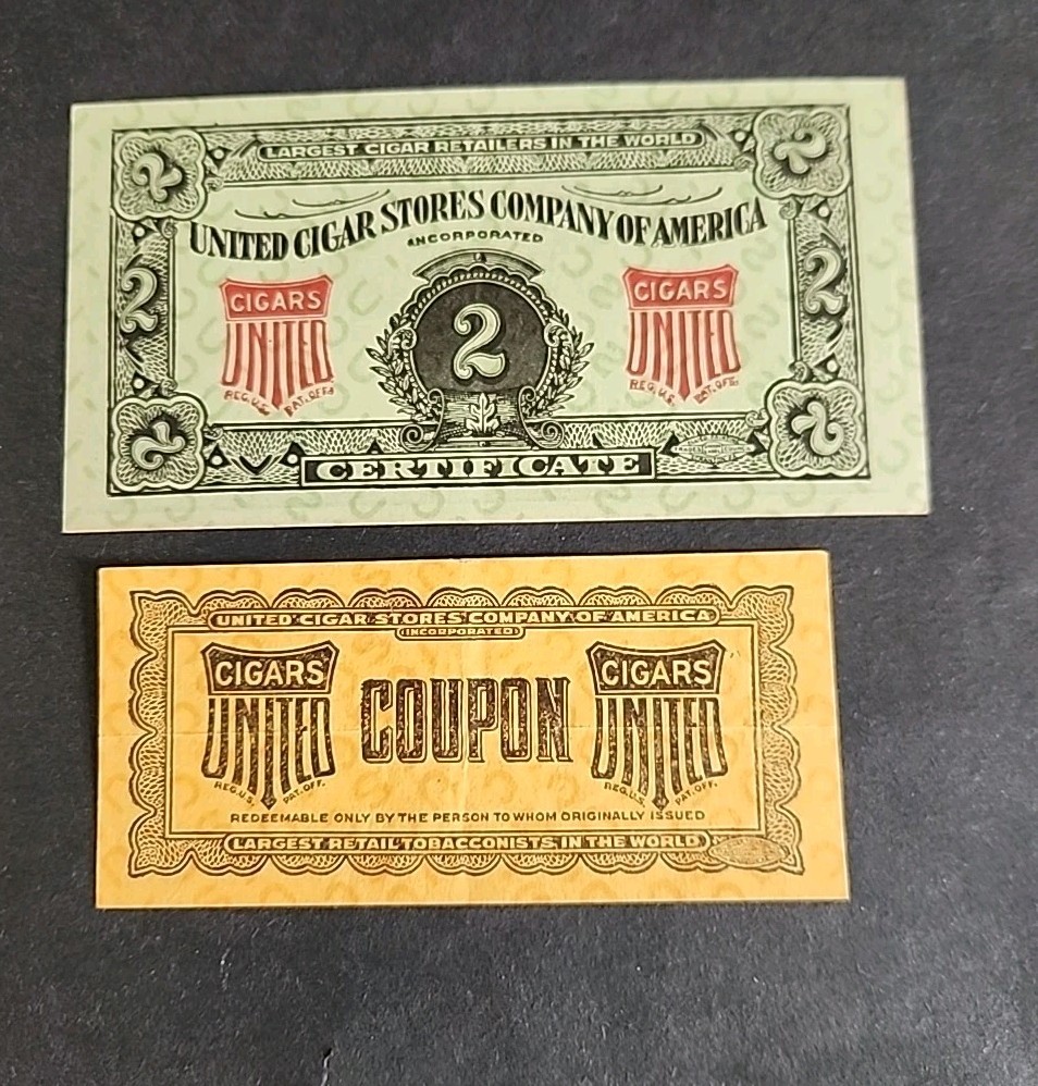 Rjkstamps Lot of 2 United Cigar Stores Company Coupons Certificate 1 & 2