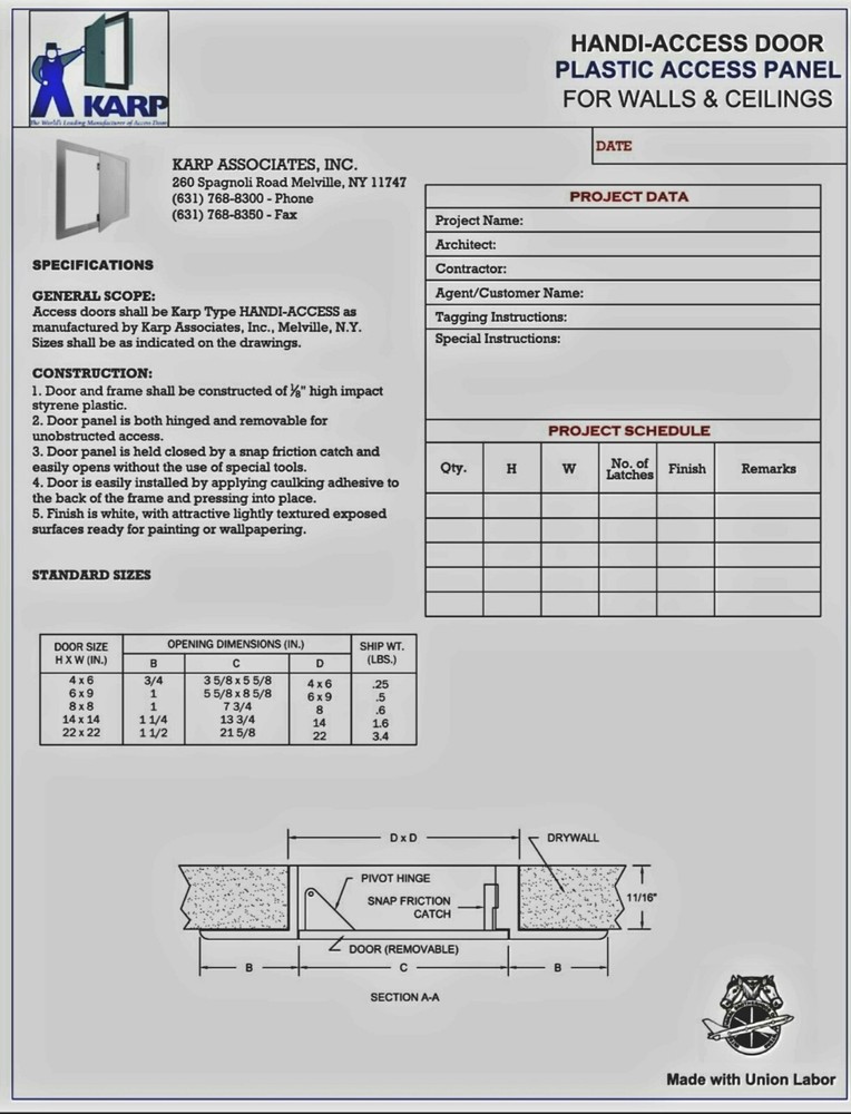 KARP Access Panel for Drywall 22” x 22” inch Wall Access Door White Plastic