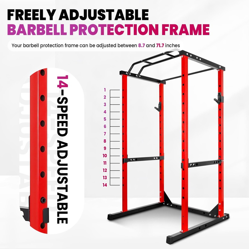 Power Cage Squat Rack Home Gym Power Rack with Adjustable Height & Width Red