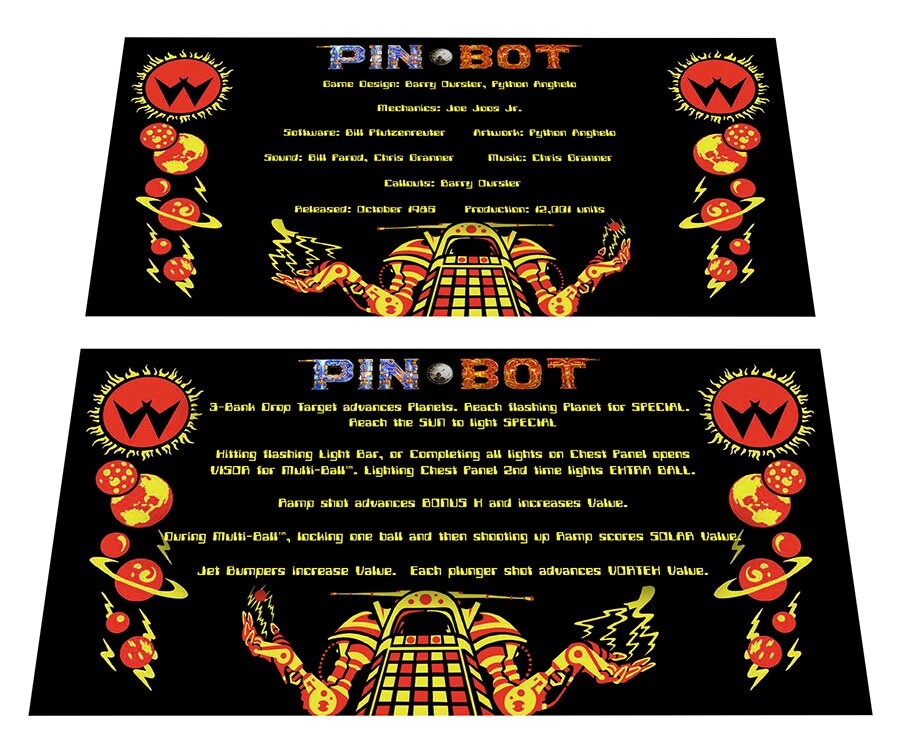 Williams Pinbot Pinball Custom Apron Instruction Cards