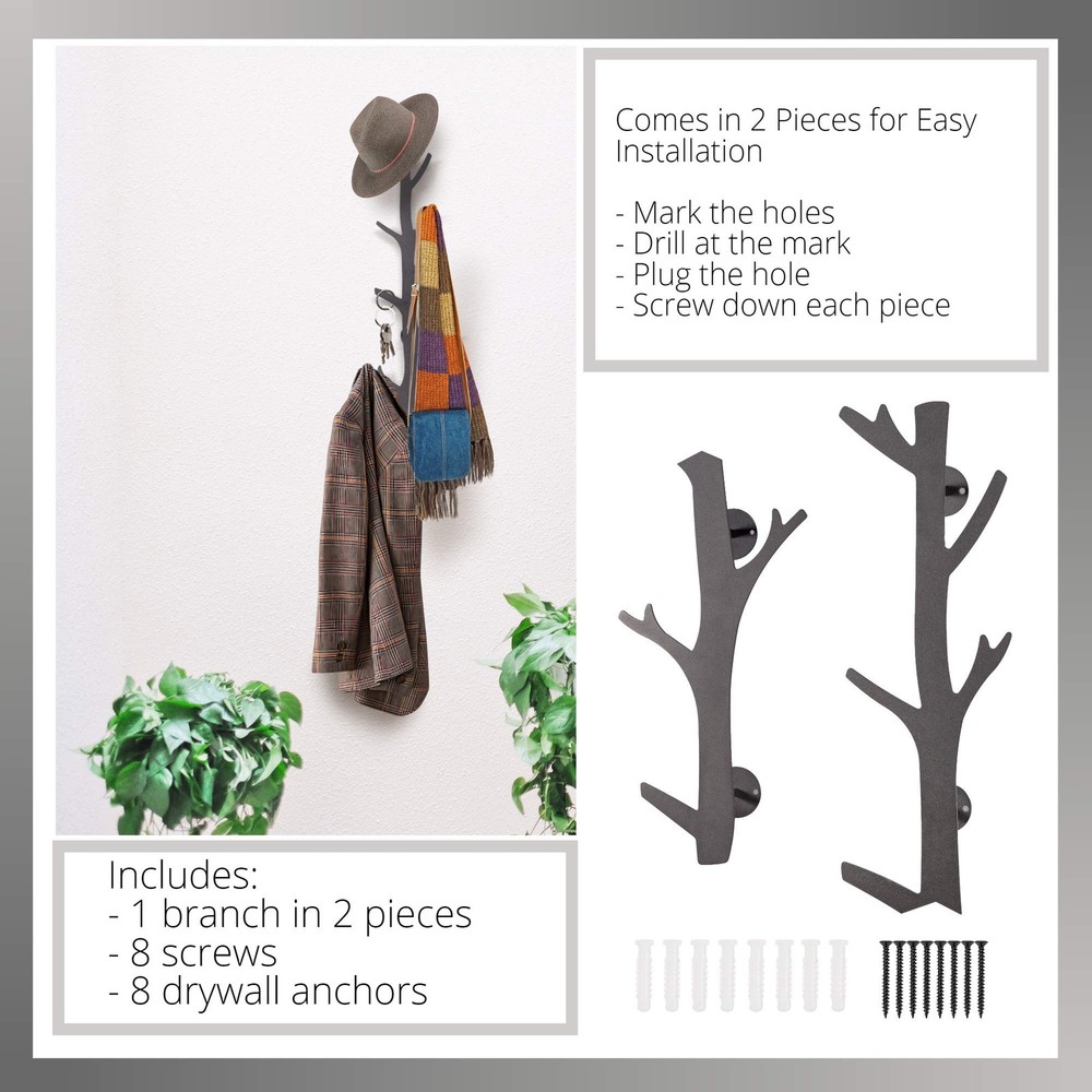 Tree Branch Coat & Hat Rack Wall Mount with 8 Vertical Hooks for Caps, Coats,...