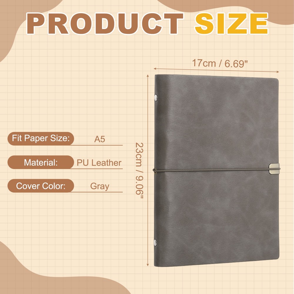 A5 Leather Binder Journal Cover, 6 Ring Elastic Closure, Gray