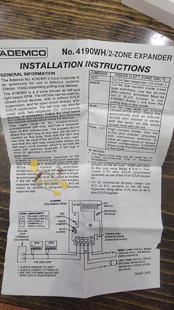 Ademco 4190WH 2-Zone Remote Point Module - Hard To Come By Dip Switch Module