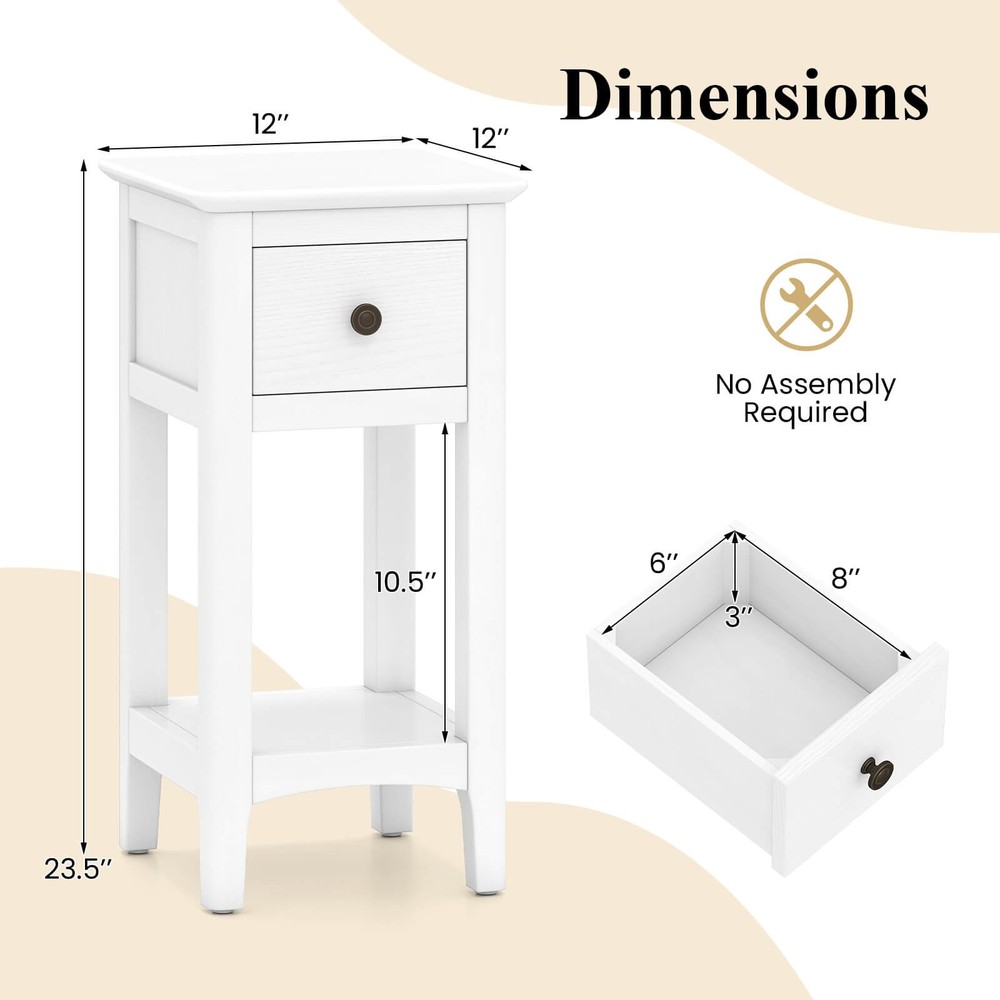 2PCS Nightstand 3-Tier Bedside Table w/ Open Storage Shelf & Narrow Side Table