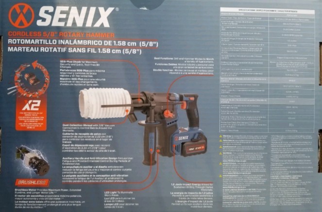 SENIX X2 20V 5/8" Rotary Hammer Drill 4.o Ah Battery, Charger, Tool Bag PDRX2-M2