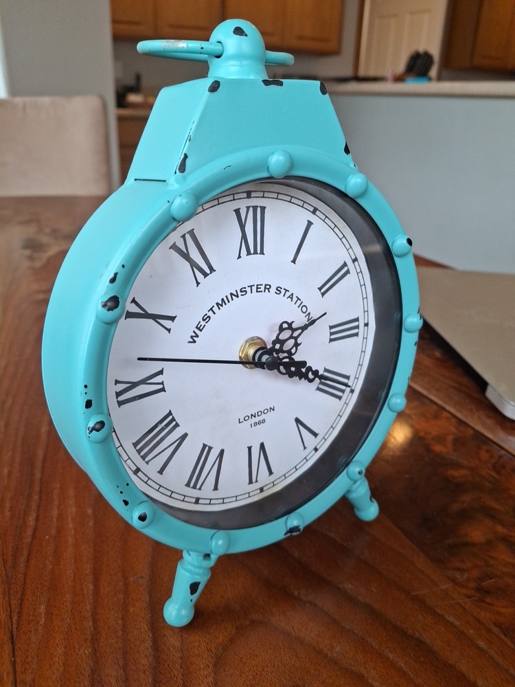 Quartz Table Clock, Metal Art Clock, Westminster Station Clock Teal