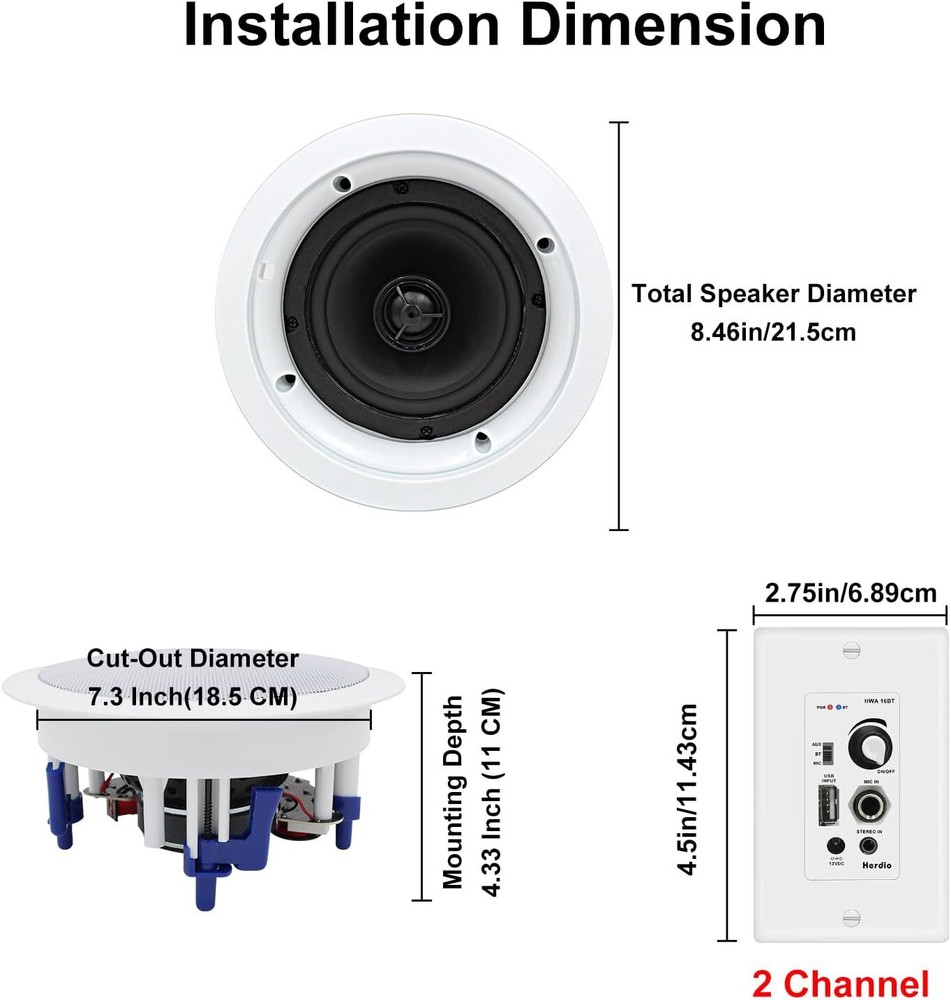 Herdio 300W Kitchen Ceiling Speakers Bluetooth Wall USB AUX Wall Mount Amplifier