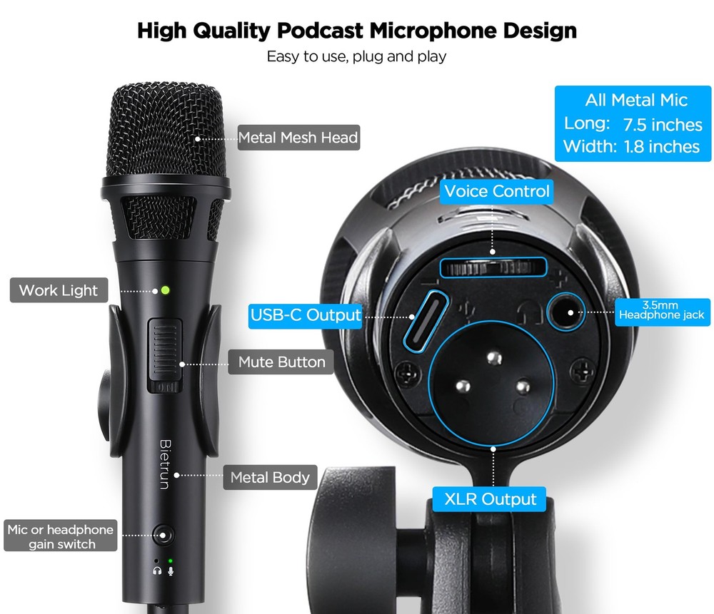 Xlr Usb Dynamic Microphone for Singing Recording, Metal Dynamic Studio Singin...