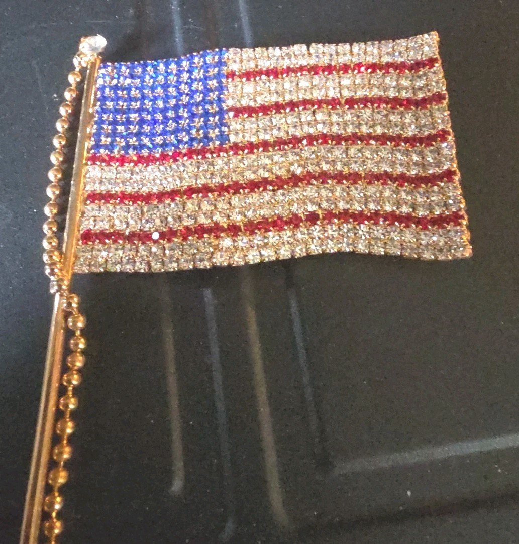 Vintage Rhinestone Flag Pin New Old Stock Brooch Free Shipping