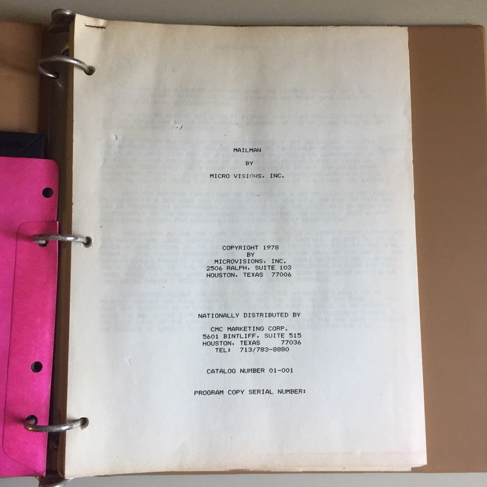 Vintage 1978 MAILMAN Microvisions Manual Binder w/Disk VHTF