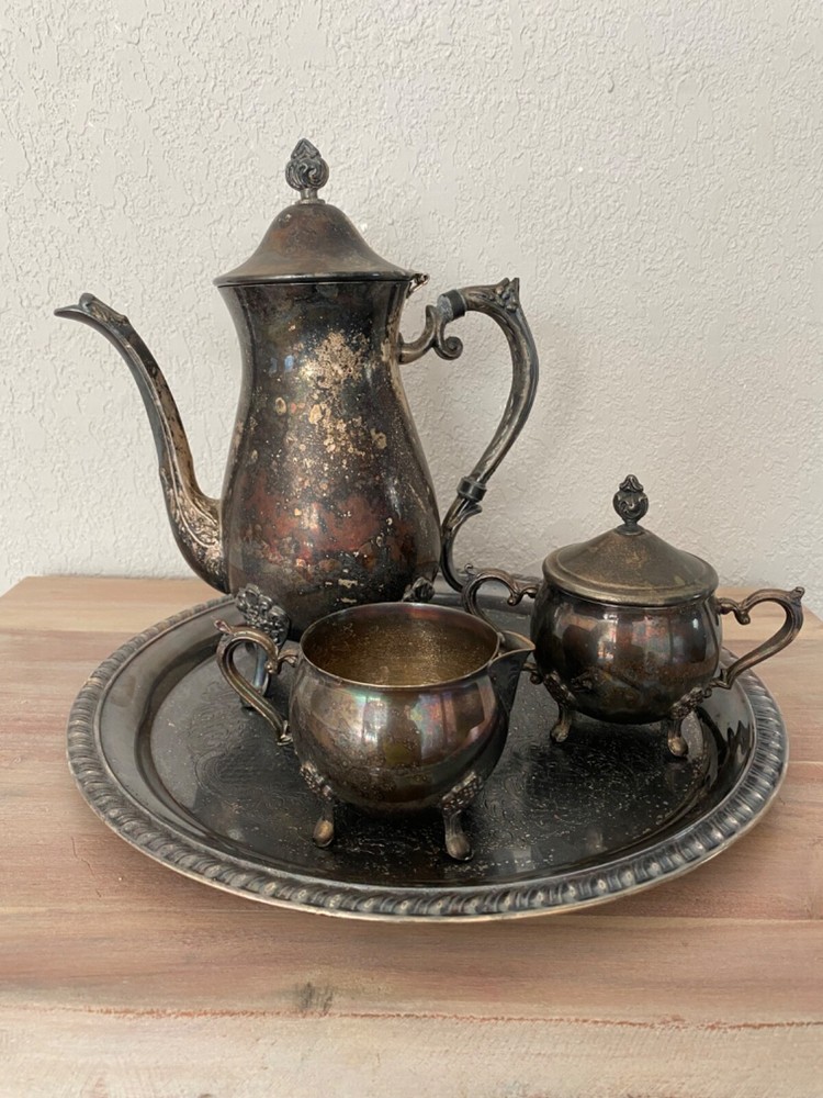 VINTAGE Leonard Silverplate 5 Pc. Tea Set Teapot, Lidded Sugar, Creamer & Tray