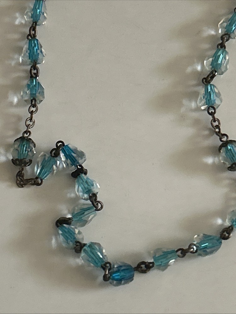 Vintage Rosary 23.5" Faceted Glass Rectangular Light Blue Beads