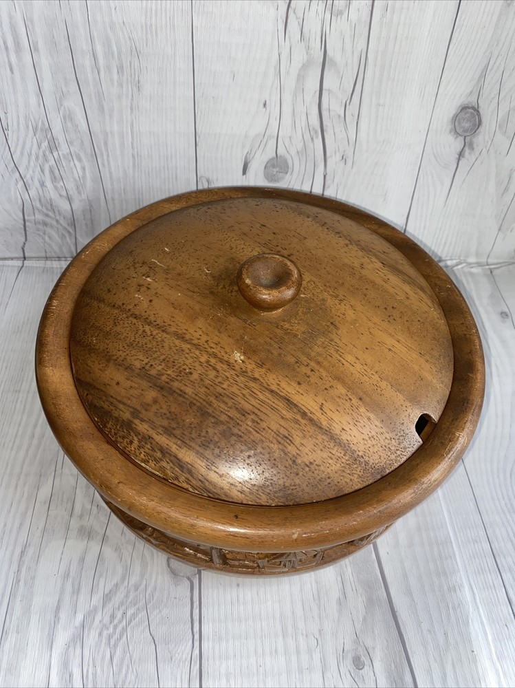 Carved Wooden Rice Serving Dish With Lid 9”