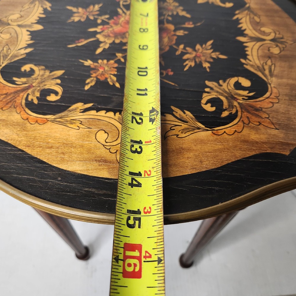 French Side Table W/ Handpainted Ebonized Top Metal Edging Ormolu Accent Antique
