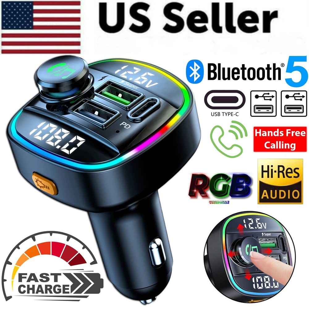 Bluetooth 5.0 Car Wireless FM Transmitter Adapter 2USB PD Charger Lot Hands-Free