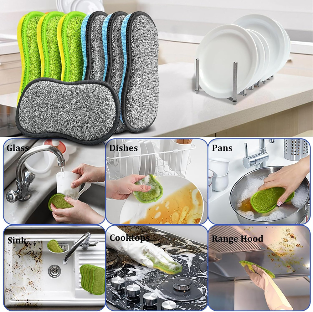 Dish Sponges Kitchen, 12 Pack Multi-Purpose Microfiber Scrub Sponge - Dual-Sided